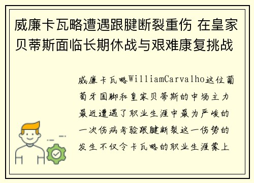 威廉卡瓦略遭遇跟腱断裂重伤 在皇家贝蒂斯面临长期休战与艰难康复挑战 威廉卡瓦略遭遇跟腱断裂重伤 在皇家贝蒂斯面临长期休战与艰难康复挑战